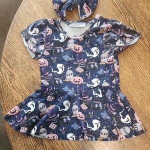 Spooky Halloween Kids Handmade Top - Blue and Pink With Clip Bow. 4T